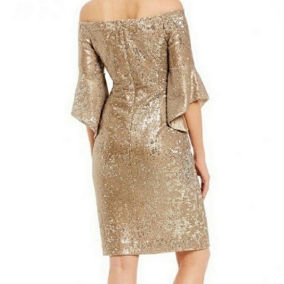 Antonio Melani Sabo Off The Shoulder Bell Sleeve Sequin Dress Champagne 4 NWT - Picture 2 of 16
